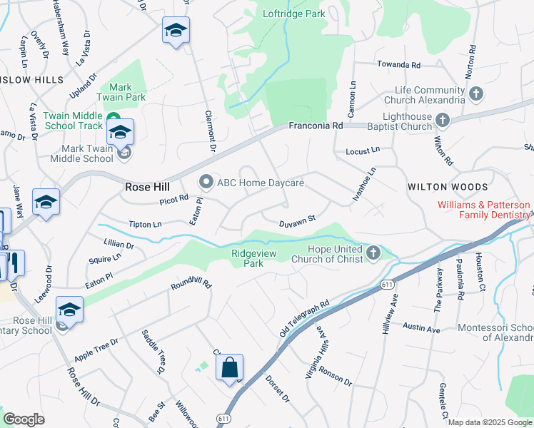 map of restaurants, bars, coffee shops, grocery stores, and more near 6007 Ridge View Drive in Alexandria