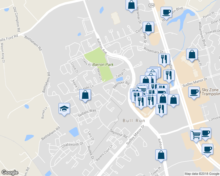 map of restaurants, bars, coffee shops, grocery stores, and more near 7669 Staunton Circle in Manassas