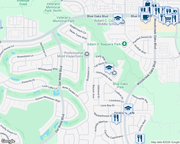 map of restaurants, bars, coffee shops, grocery stores, and more near 6225 Buckskin Lane in Roseville