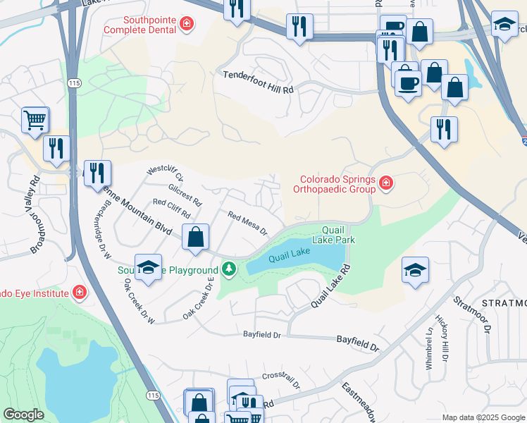 map of restaurants, bars, coffee shops, grocery stores, and more near 910 Red Mesa Drive in Colorado Springs