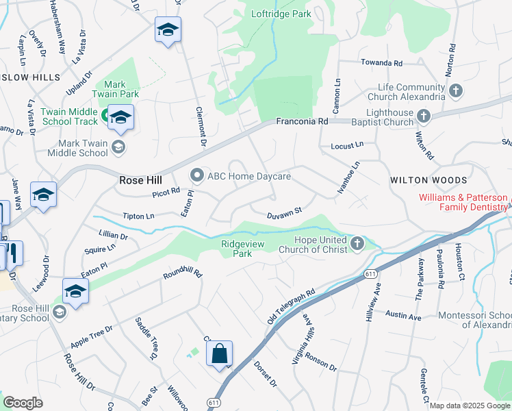 map of restaurants, bars, coffee shops, grocery stores, and more near 6007 Ridge View Drive in Alexandria