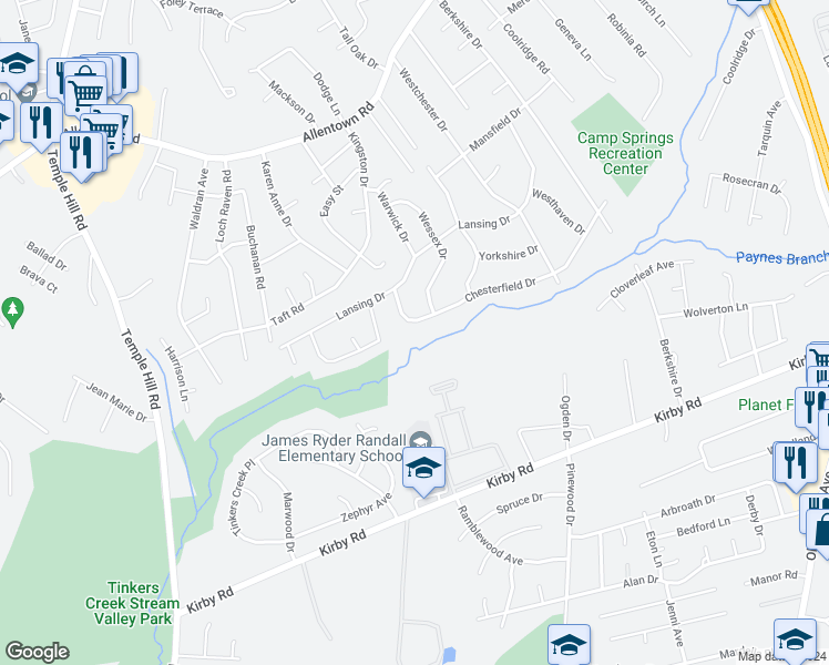map of restaurants, bars, coffee shops, grocery stores, and more near 5313 Chesterfield Drive in Temple Hills