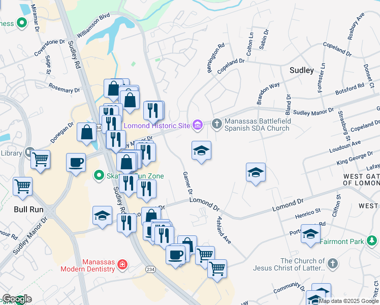 map of restaurants, bars, coffee shops, grocery stores, and more near 7801 Garner Drive in Manassas