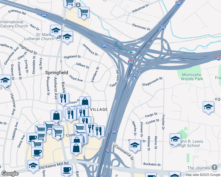 map of restaurants, bars, coffee shops, grocery stores, and more near 6702 Cabin John Road in Springfield
