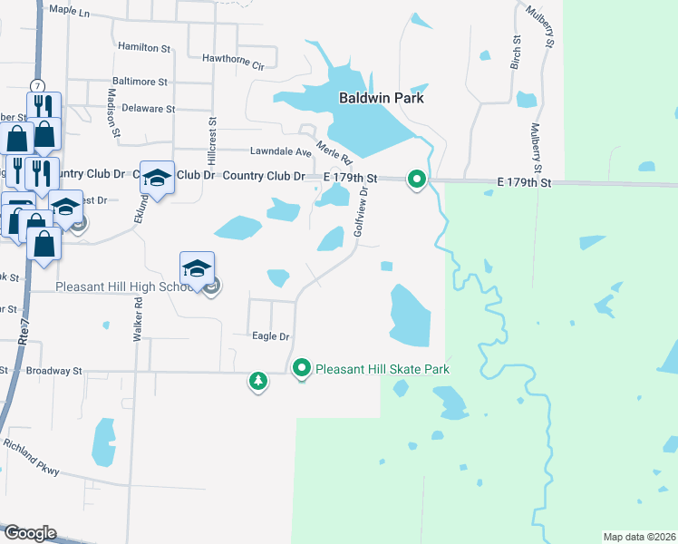 map of restaurants, bars, coffee shops, grocery stores, and more near 306 Golfview Drive in Pleasant Hill