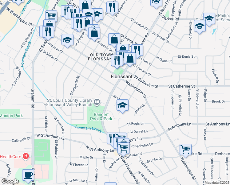 map of restaurants, bars, coffee shops, grocery stores, and more near 190 North New Florissant Road in Florissant