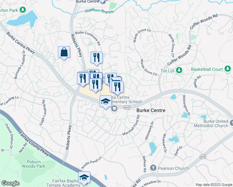 map of restaurants, bars, coffee shops, grocery stores, and more near 6011 Burke Centre Parkway in Burke