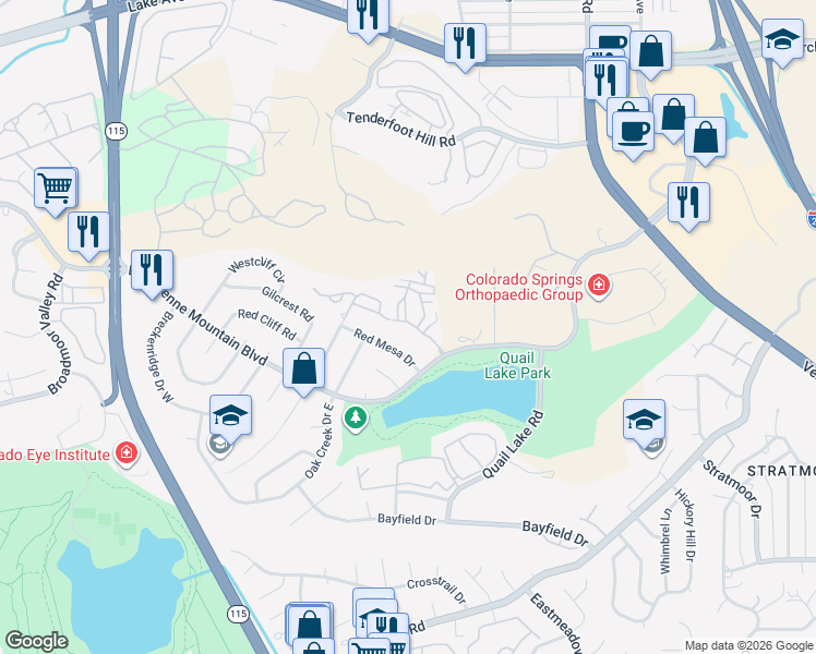 map of restaurants, bars, coffee shops, grocery stores, and more near 910 Red Mesa Drive in Colorado Springs