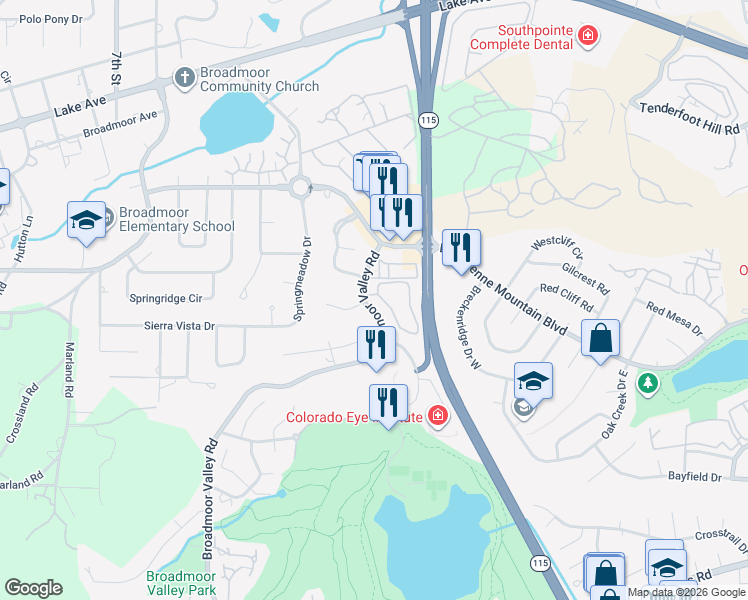 map of restaurants, bars, coffee shops, grocery stores, and more near 3123 Broadmoor Valley Road in Colorado Springs