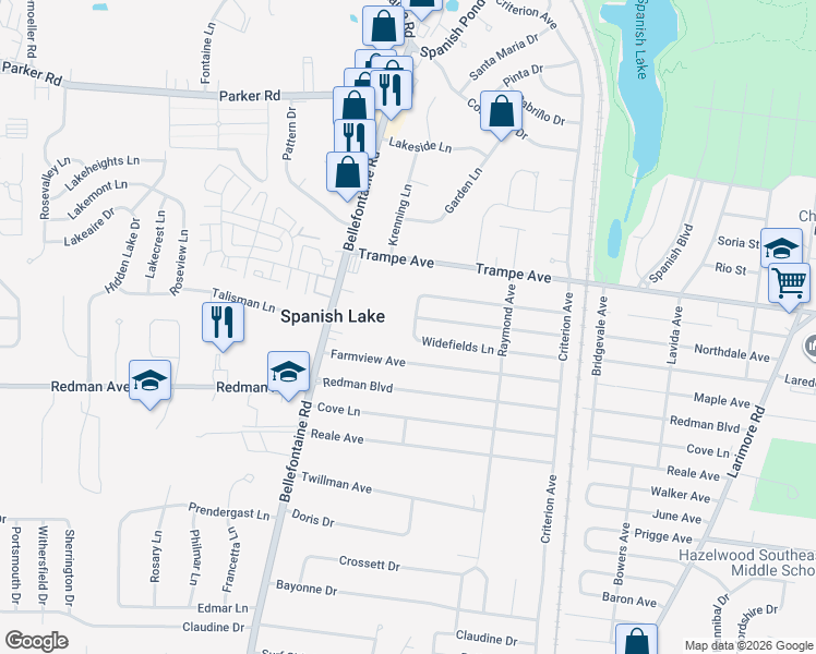 map of restaurants, bars, coffee shops, grocery stores, and more near 1476 Widefields Lane in St. Louis