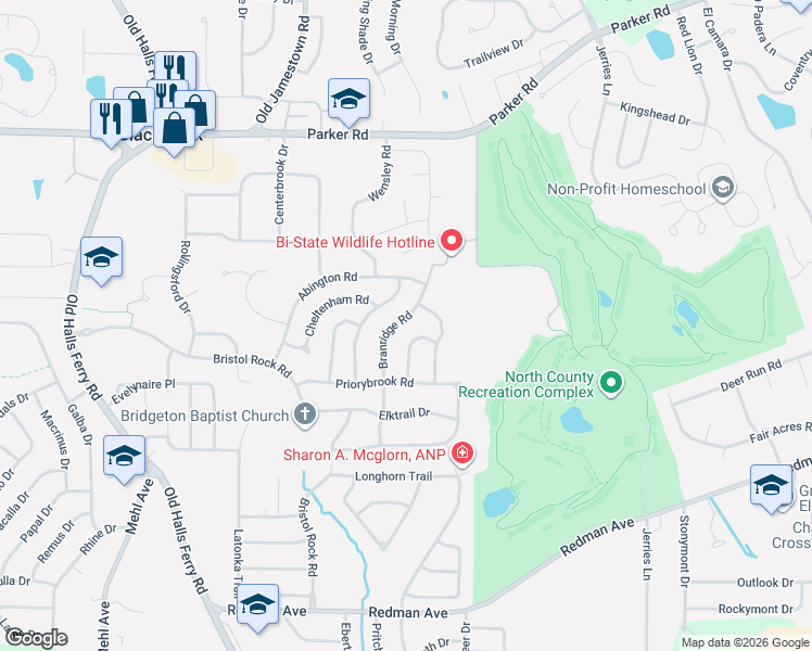 map of restaurants, bars, coffee shops, grocery stores, and more near 11872 South Branridge Road in Florissant
