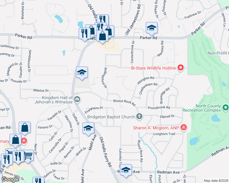 map of restaurants, bars, coffee shops, grocery stores, and more near 4940 Wickham Fen Road in Florissant