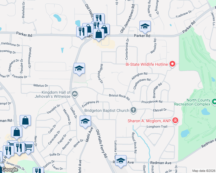 map of restaurants, bars, coffee shops, grocery stores, and more near 4940 Wickham Fen Road in Florissant