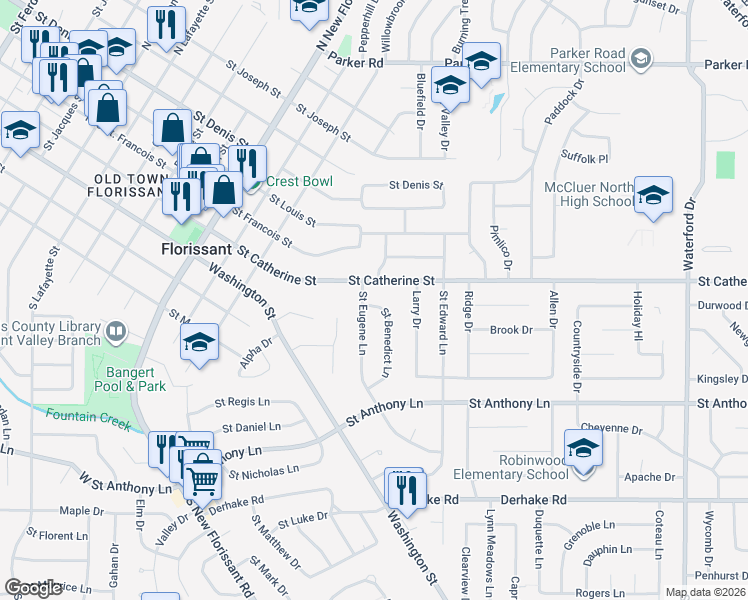map of restaurants, bars, coffee shops, grocery stores, and more near 25 Saint Benedict Lane in Florissant