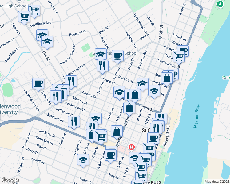 map of restaurants, bars, coffee shops, grocery stores, and more near 615 Clark Street in Saint Charles