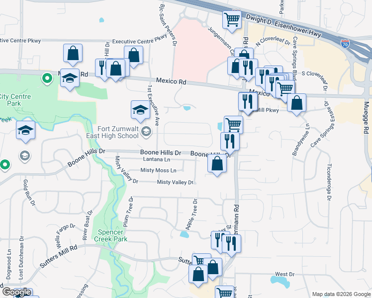 map of restaurants, bars, coffee shops, grocery stores, and more near 125 Berry Manor Circle in Saint Peters