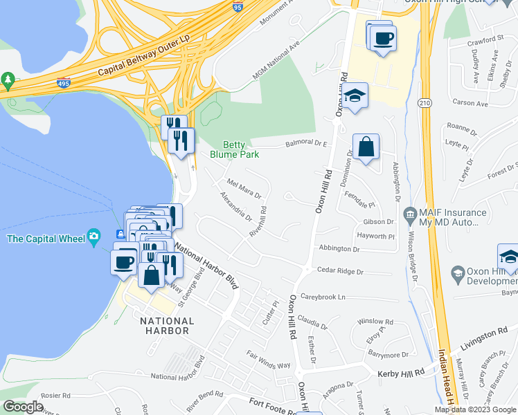map of restaurants, bars, coffee shops, grocery stores, and more near 7409 Riverhill Road in Oxon Hill
