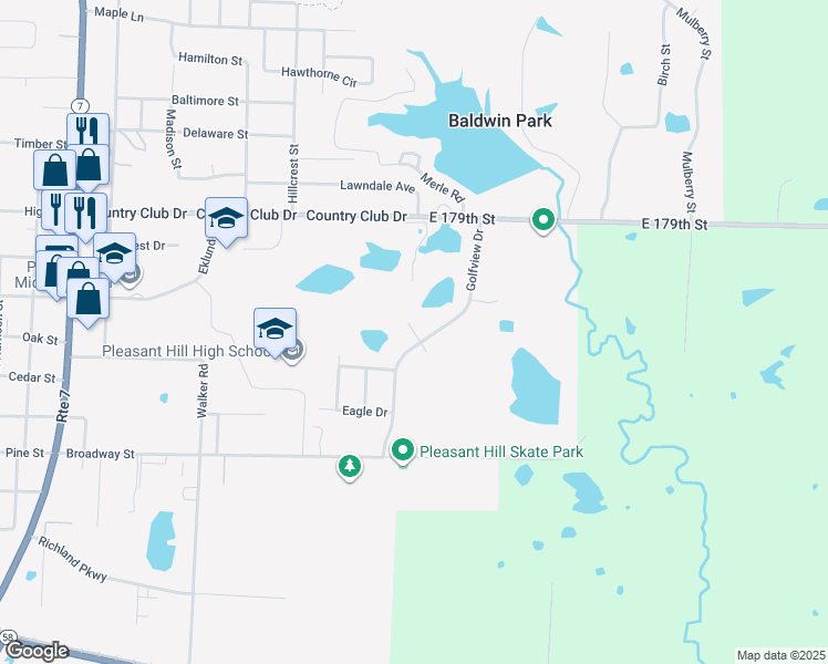map of restaurants, bars, coffee shops, grocery stores, and more near Fairway Court in Pleasant Hill