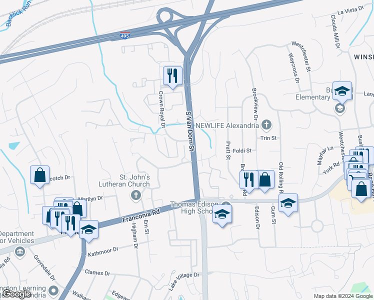map of restaurants, bars, coffee shops, grocery stores, and more near 6018 Katelyn Court in Alexandria