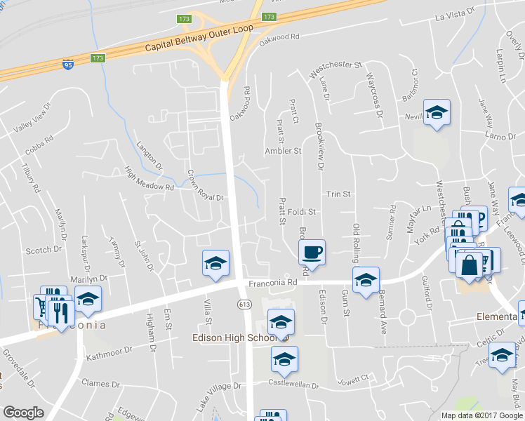 map of restaurants, bars, coffee shops, grocery stores, and more near 5886 Woodfield Estates Drive in Alexandria