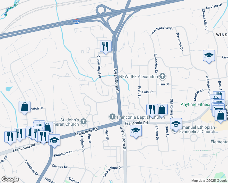 map of restaurants, bars, coffee shops, grocery stores, and more near 6018 Katelyn Court in Alexandria