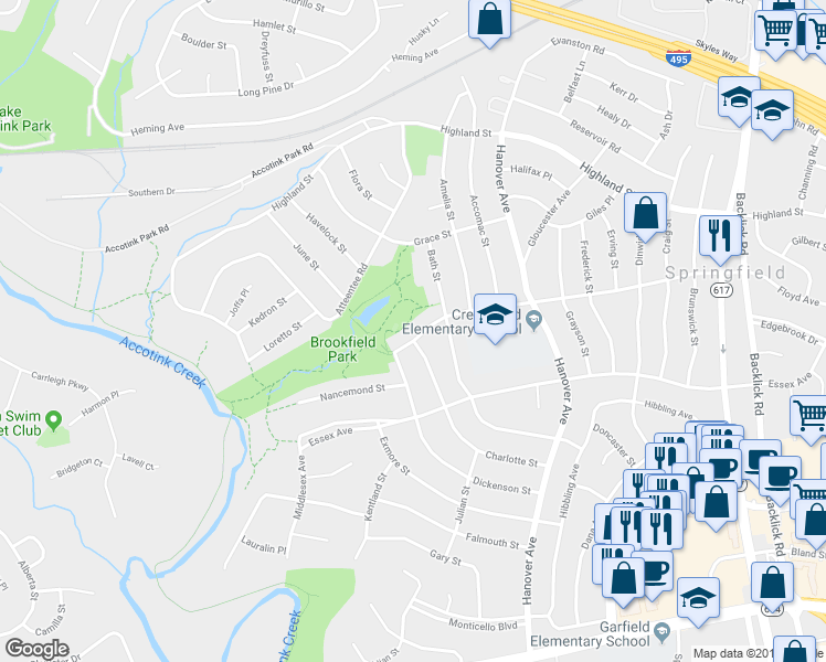 map of restaurants, bars, coffee shops, grocery stores, and more near 7409 Floyd Avenue in Springfield