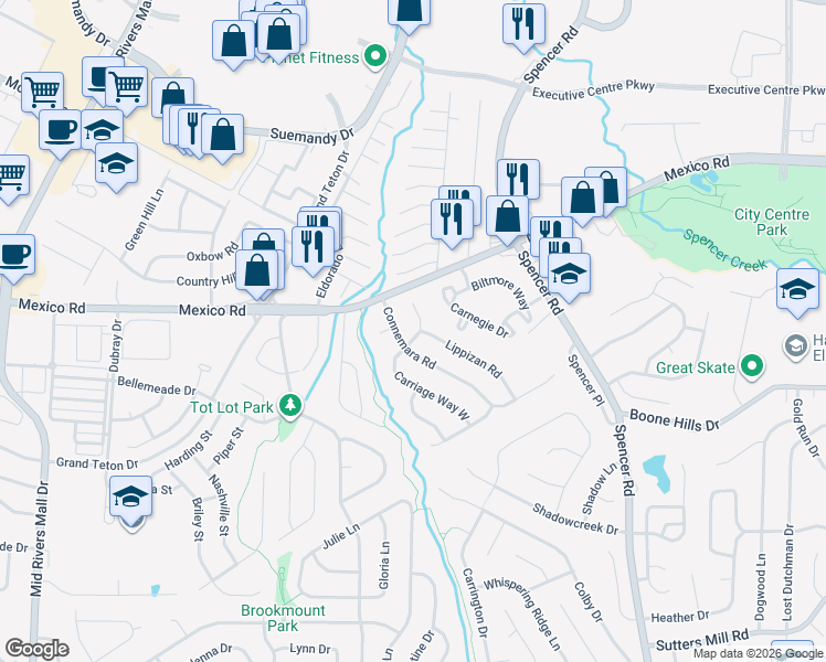 map of restaurants, bars, coffee shops, grocery stores, and more near 3 Carriage Way West in St. Peters