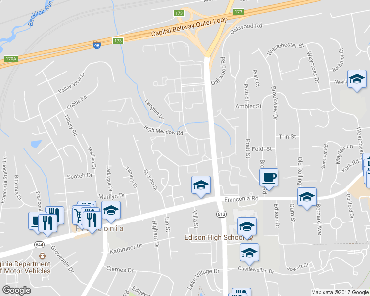 map of restaurants, bars, coffee shops, grocery stores, and more near 5924 Ambassador Way in Alexandria