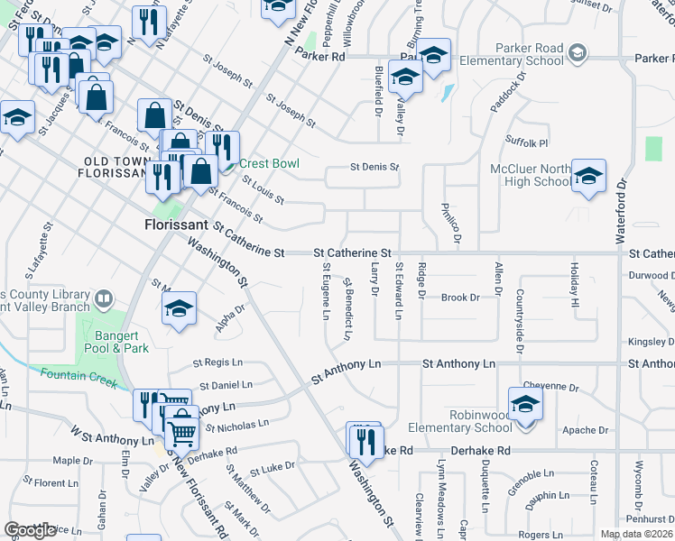 map of restaurants, bars, coffee shops, grocery stores, and more near 25 Saint Benedict Lane in Florissant
