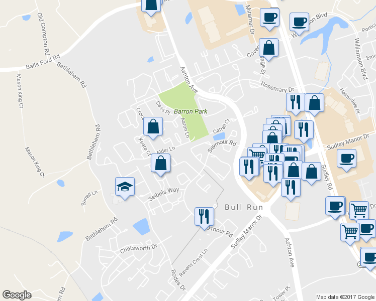 map of restaurants, bars, coffee shops, grocery stores, and more near 10658 Winfield Loop in Manassas