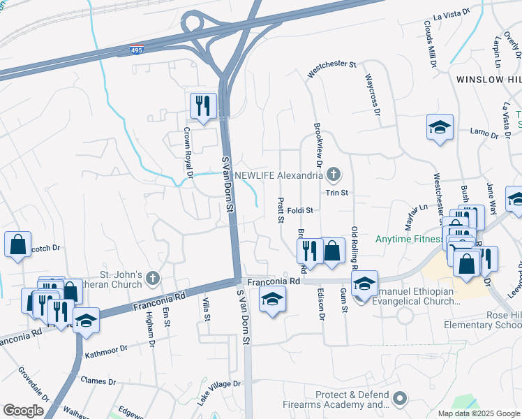 map of restaurants, bars, coffee shops, grocery stores, and more near 5886 Woodfield Estates Drive in Alexandria