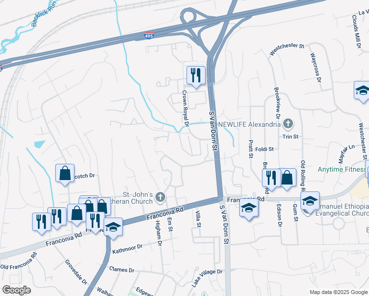 map of restaurants, bars, coffee shops, grocery stores, and more near 6028 Crown Royal Circle in Alexandria