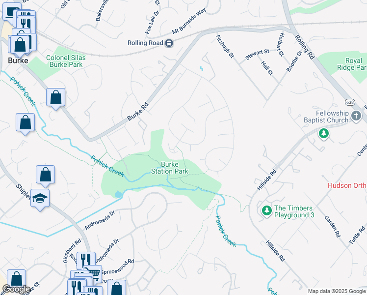 map of restaurants, bars, coffee shops, grocery stores, and more near 9050 Brook Ford Road in Burke