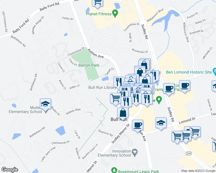 map of restaurants, bars, coffee shops, grocery stores, and more near 7800 Sabre Court in Manassas