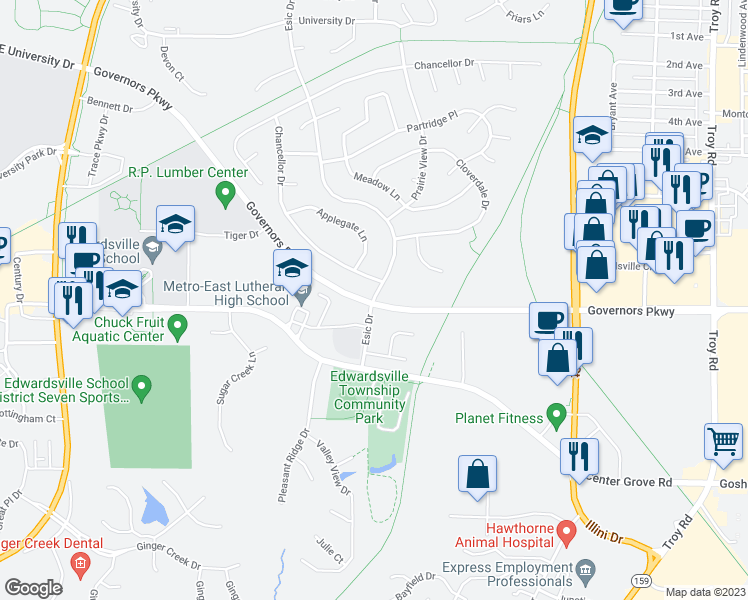 map of restaurants, bars, coffee shops, grocery stores, and more near 2002 Esic Drive in Edwardsville