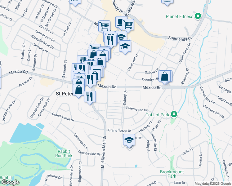 map of restaurants, bars, coffee shops, grocery stores, and more near 10 Dubray Drive in St. Peters