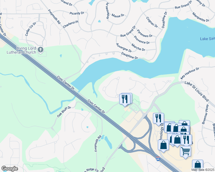 map of restaurants, bars, coffee shops, grocery stores, and more near 1600 Lake Knoll Drive in Lake Saint Louis