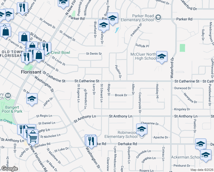 map of restaurants, bars, coffee shops, grocery stores, and more near 2260 Cherry Lane in Florissant