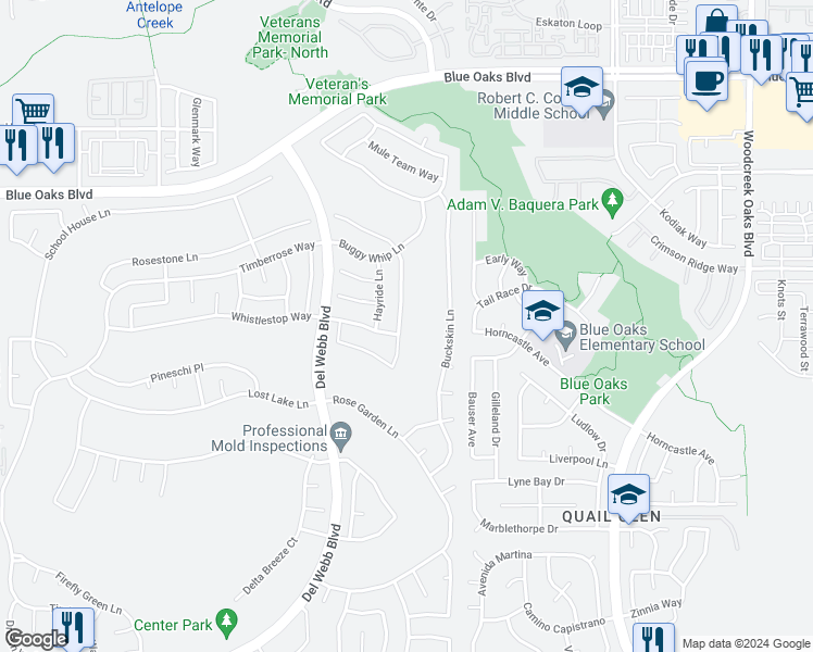 map of restaurants, bars, coffee shops, grocery stores, and more near 7010 Cope Ridge Way in Roseville