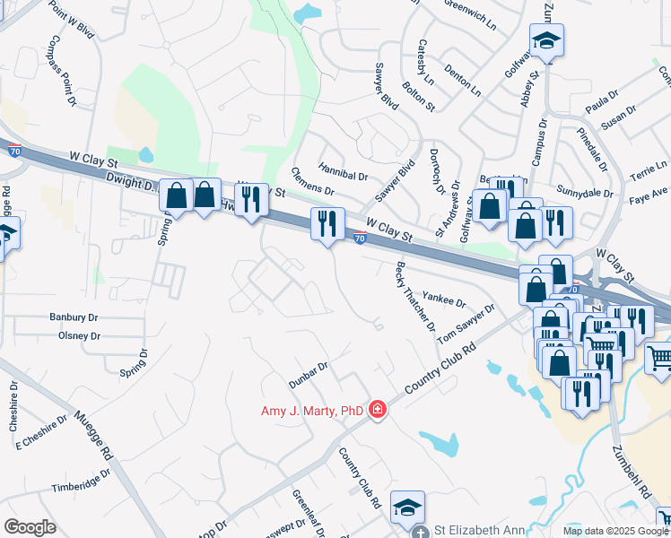 map of restaurants, bars, coffee shops, grocery stores, and more near 8 San Miguel Drive in Saint Charles