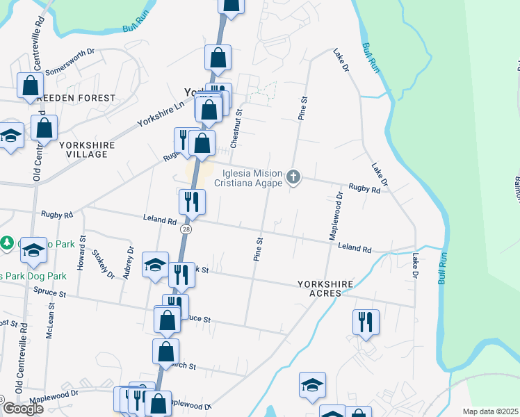 map of restaurants, bars, coffee shops, grocery stores, and more near 7712 Pine Street in Manassas
