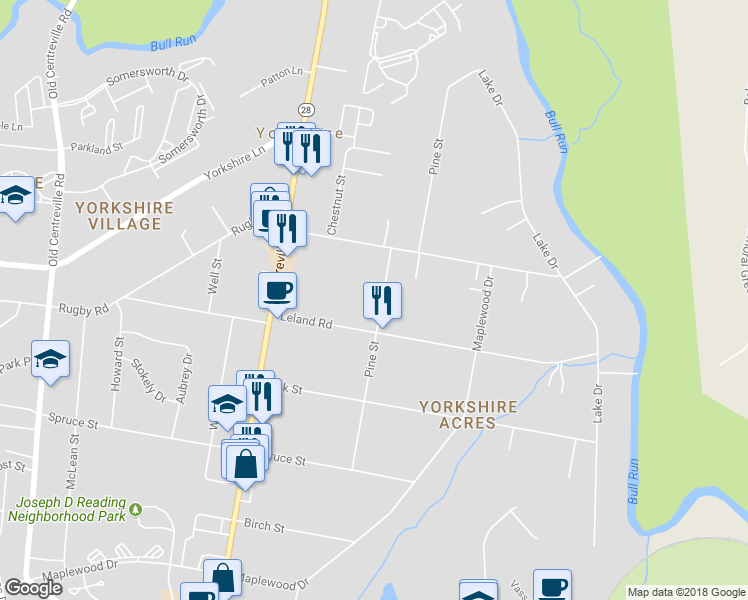 map of restaurants, bars, coffee shops, grocery stores, and more near 7712 Pine Street in Manassas