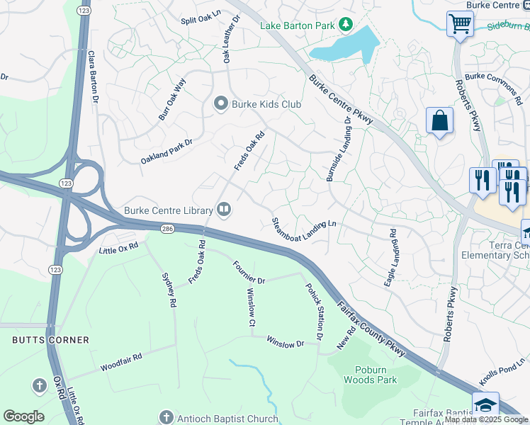 map of restaurants, bars, coffee shops, grocery stores, and more near 10349 Steamboat Landing Lane in Burke