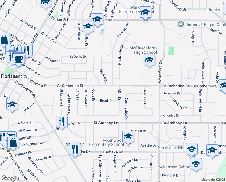 map of restaurants, bars, coffee shops, grocery stores, and more near 2445 Cherry Lane in Florissant