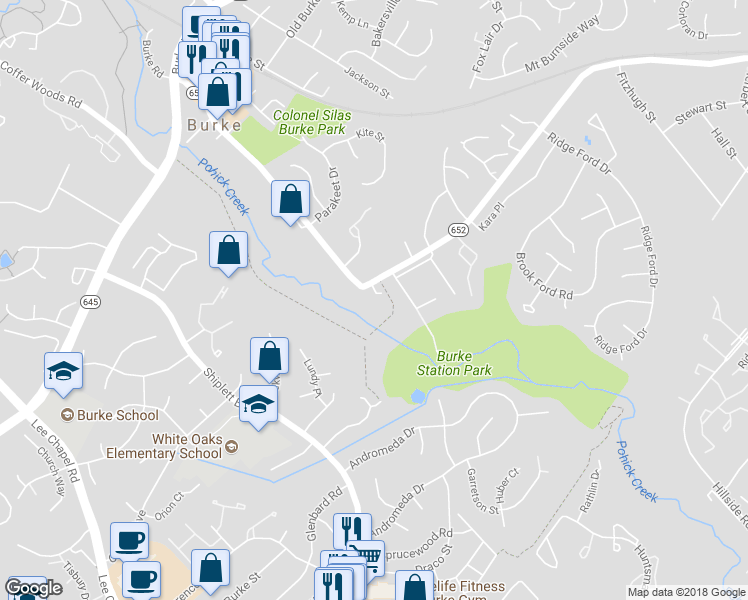 map of restaurants, bars, coffee shops, grocery stores, and more near 6008 Mill Cove Court in Burke