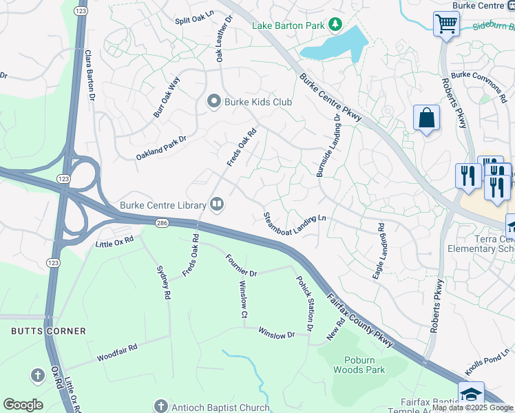 map of restaurants, bars, coffee shops, grocery stores, and more near 10349 Steamboat Landing Lane in Burke