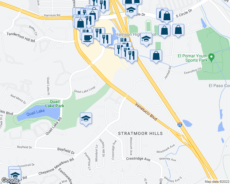 map of restaurants, bars, coffee shops, grocery stores, and more near 3294 Atrium Point in Colorado Springs