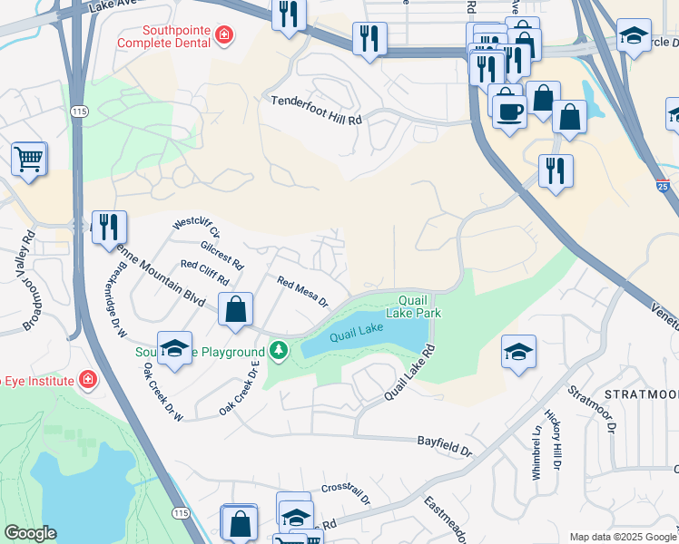 map of restaurants, bars, coffee shops, grocery stores, and more near 1041 Moorings Drive in Colorado Springs