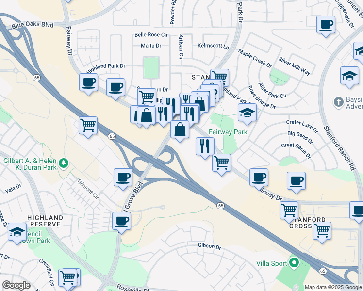 map of restaurants, bars, coffee shops, grocery stores, and more near 10251 Fairway Drive in Roseville
