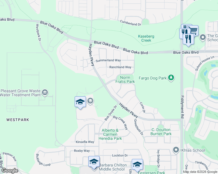 map of restaurants, bars, coffee shops, grocery stores, and more near 425 Rockcliff Court in Roseville